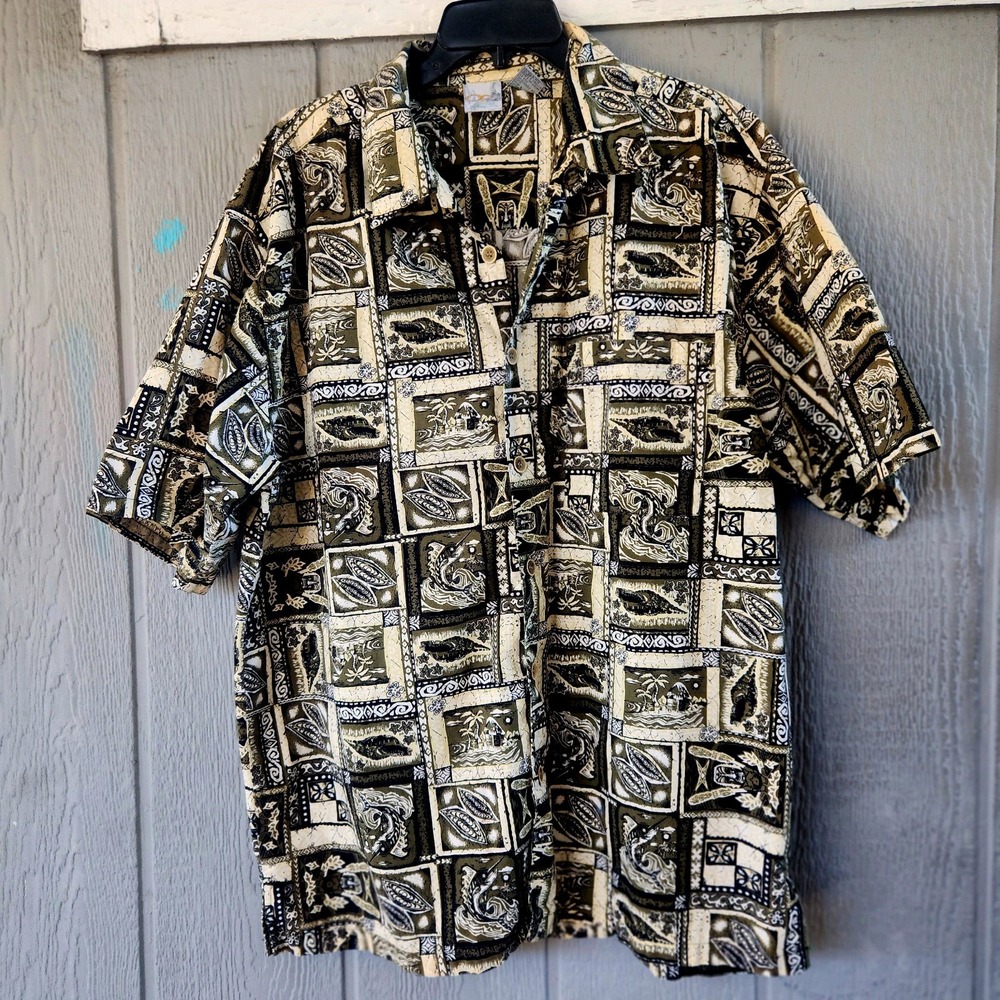VTG OP Sport Ocean Pacific TIKI Hawaiian Button Up Shirt  Retro 100% Cotton XL